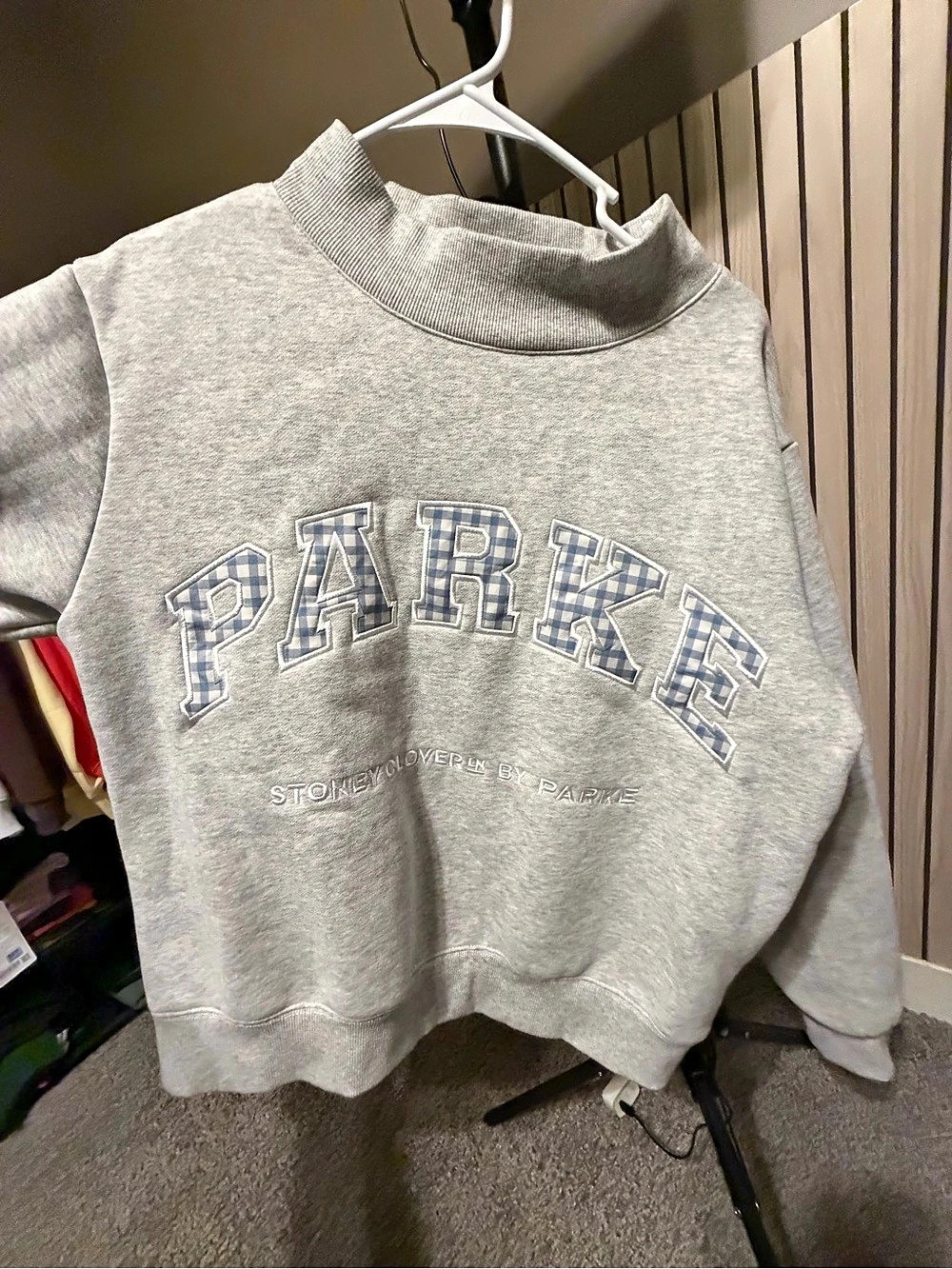 PARKE Stoney Clover Lane x Parke Gingham Varsity Mockneck Sweatshirt Gray & Blue